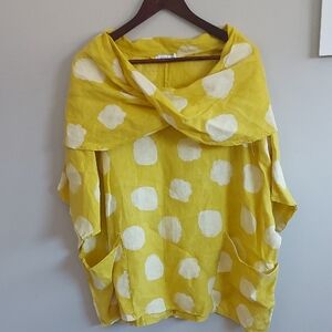 Linen Yellow Polka Dot Draped Cowl Tunic